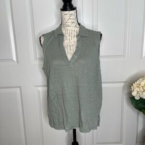 Nicole Miller Linen Sleeveless Collared Top Sage Green Size XL B12
